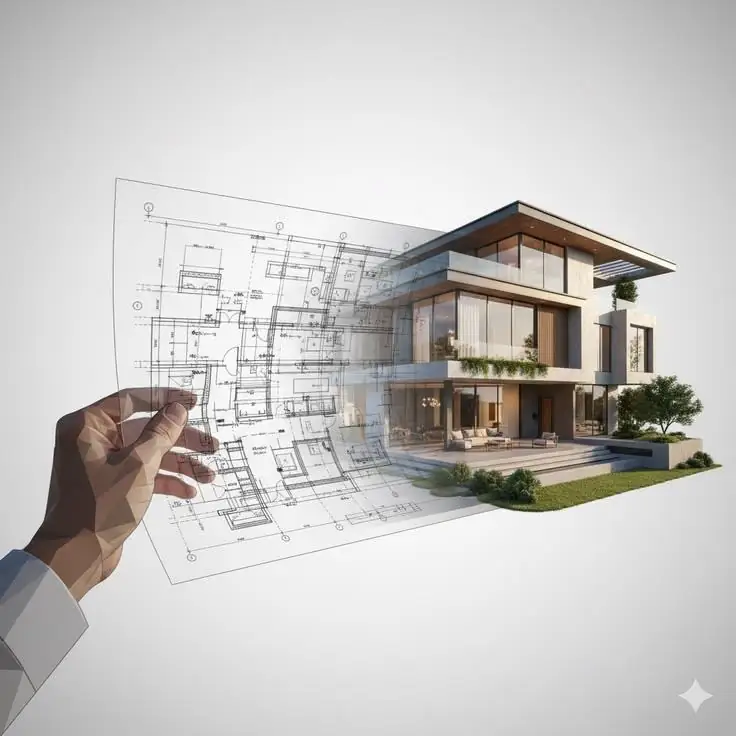 A floor plan turning into a finished modern house