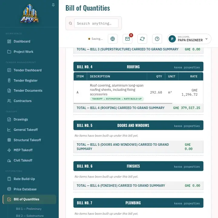 An APEX CMS bill of quantities with the roofing bill priced