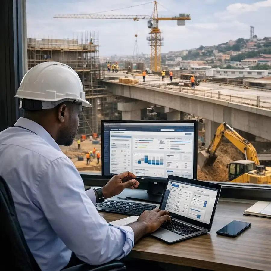 An engineer in a hard hat using construction software overlooking a building site