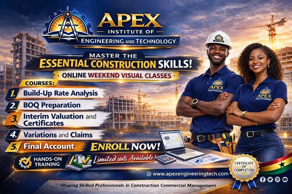 APEX Institute flyer for online weekend classes: build-up rate analysis, BOQ preparation, interim valuation and certificates, variations and claims, final account