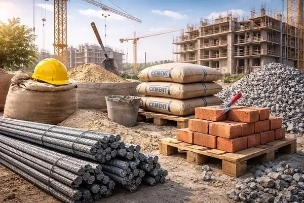 Cement bags, sand, gravel, bricks and steel bars on a site