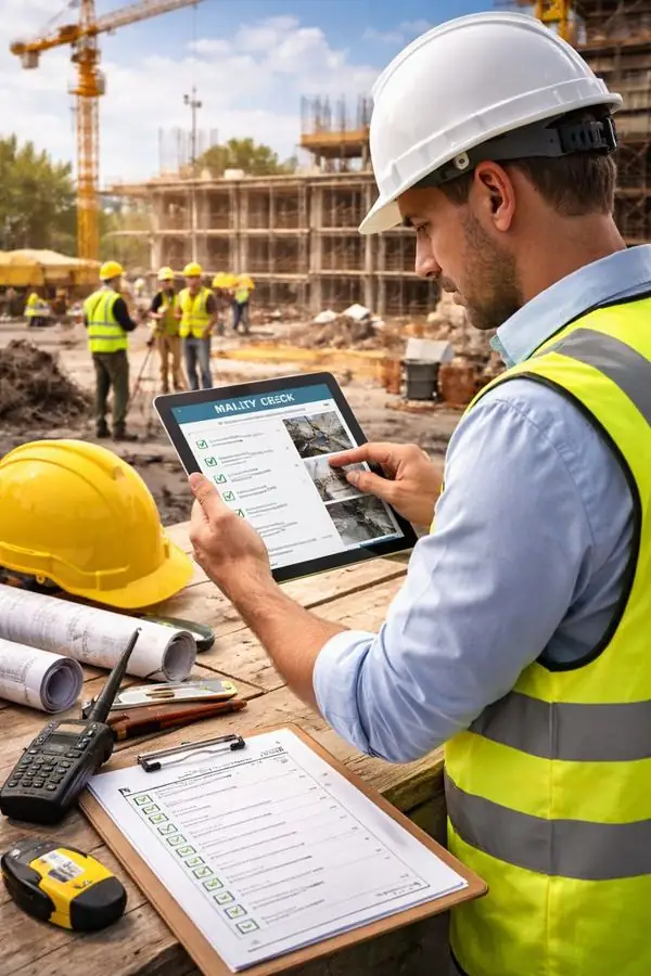 An engineer completing a quality checklist on a tablet at a construction site