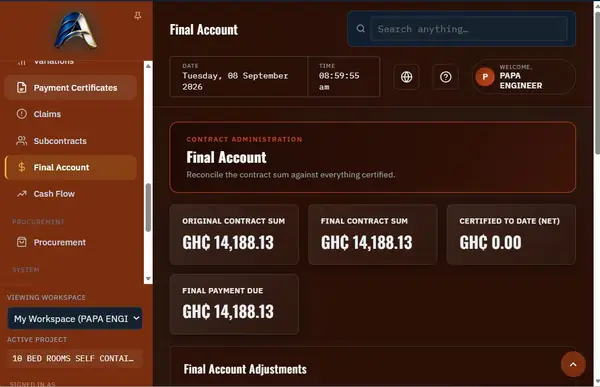 Final Account screen showing original and final contract sums