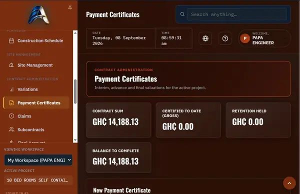 Payment Certificates screen showing contract sum and retention
