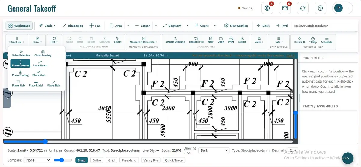 General Takeoff in APEX CMS, placing columns on a structural drawing
