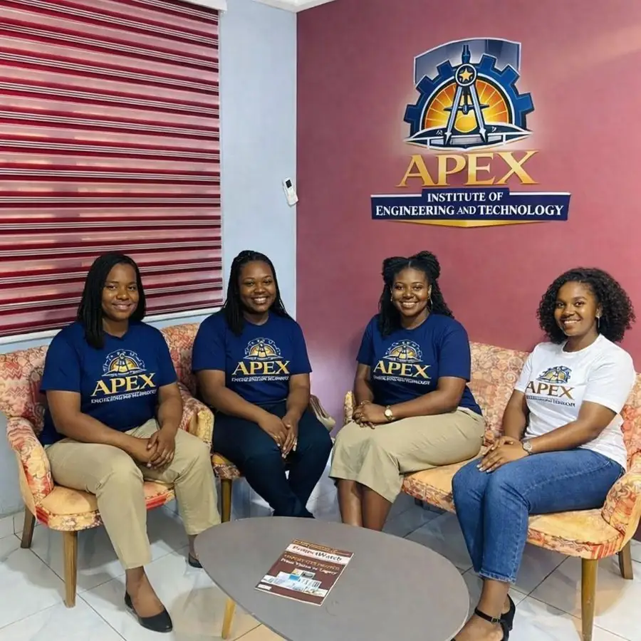 APEX Institute team members in APEX shirts at the institute reception beneath the APEX logo